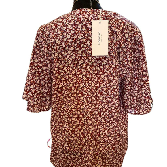 NWT Women's Bloomchic Floral Blouse Ruffled Sleeves Size 10 Burgundy/White - Picture 3 of 8